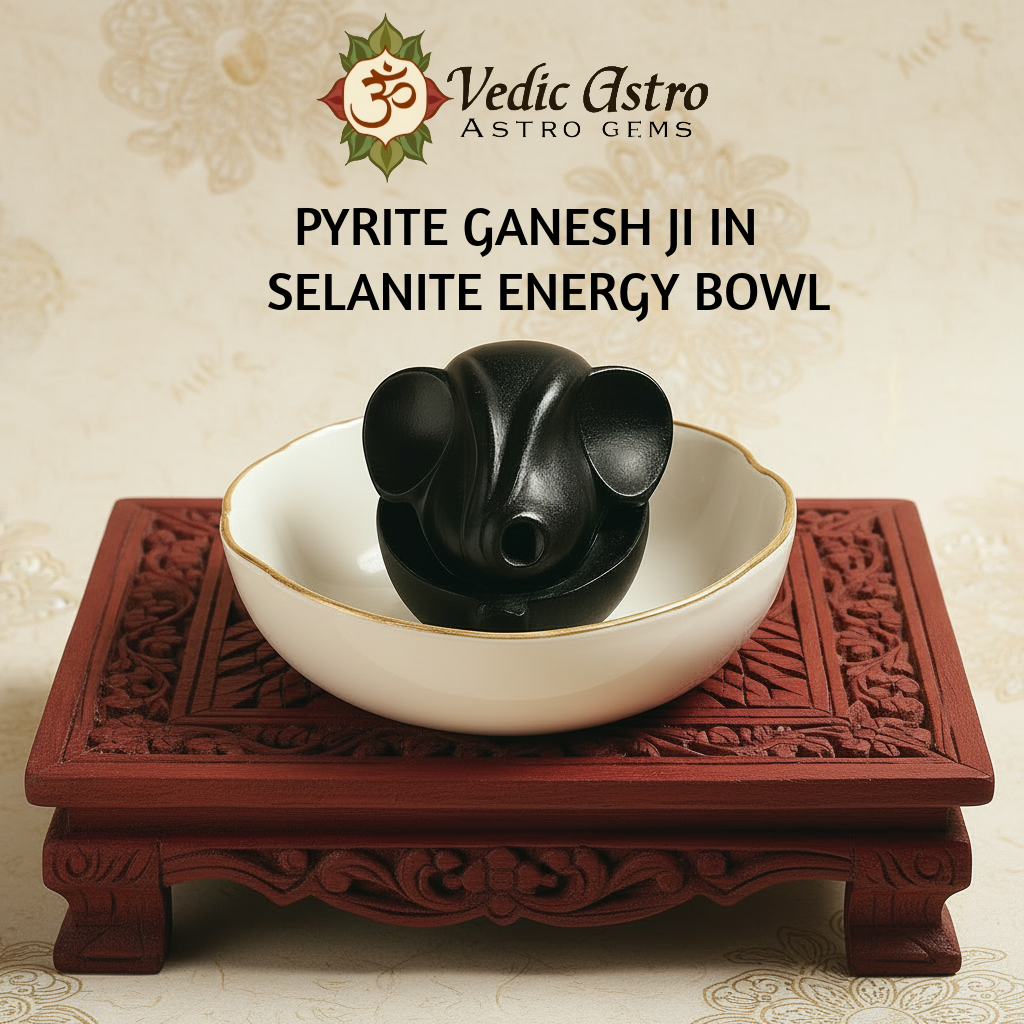 Pyrite Ganesh Ji in selenite energy bowl