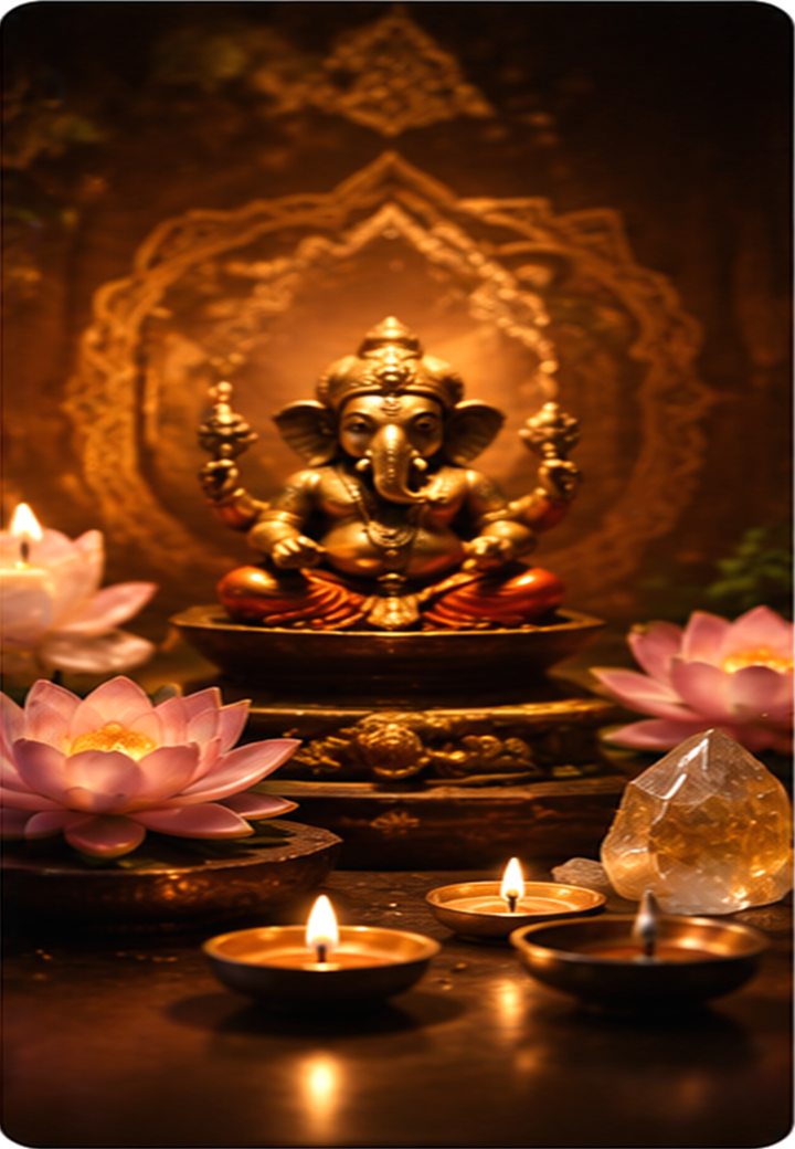 Ganesh temple altar with crystals and lamps
