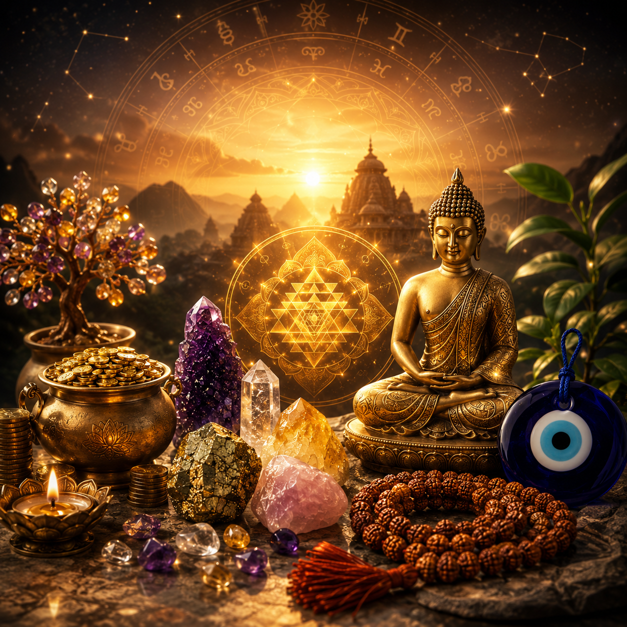 Vedic Astro Gems spiritual products with crystals, yantra and Buddha statue